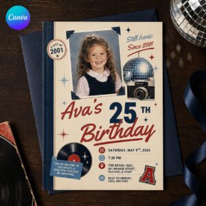 25th Birthday Photo Invitation, Class of 2001 Retro Yearbook Party Invite, Vintage Milestone Editable Canva Template