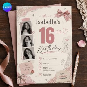 Sweet 16 Photo Collage Invitation, Pink Coquette Scrapbook Birthday Party Editable Printable Canva Template