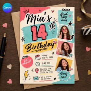 14th Birthday Photo Invitation, Colorful Scrapbook Teen Girl Party Editable Printable Canva Template