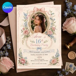 Sweet 16 Photo Invitation, Blush Floral Coquette Birthday Party Editable Printable Canva Template