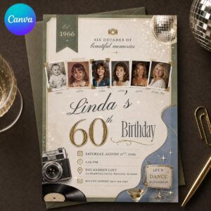 60th Birthday Photo Invitation, Six Decades Timeline Collage Party Invite for Her, Elegant Editable Canva Template
