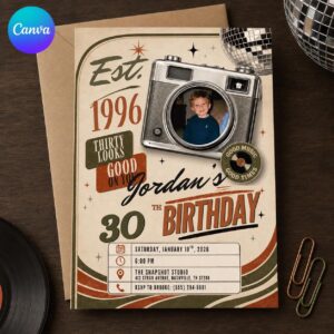 30th Birthday Photo Invitation, Vintage 1996 Retro Camera Party Invite for Him, Editable Milestone Canva Template