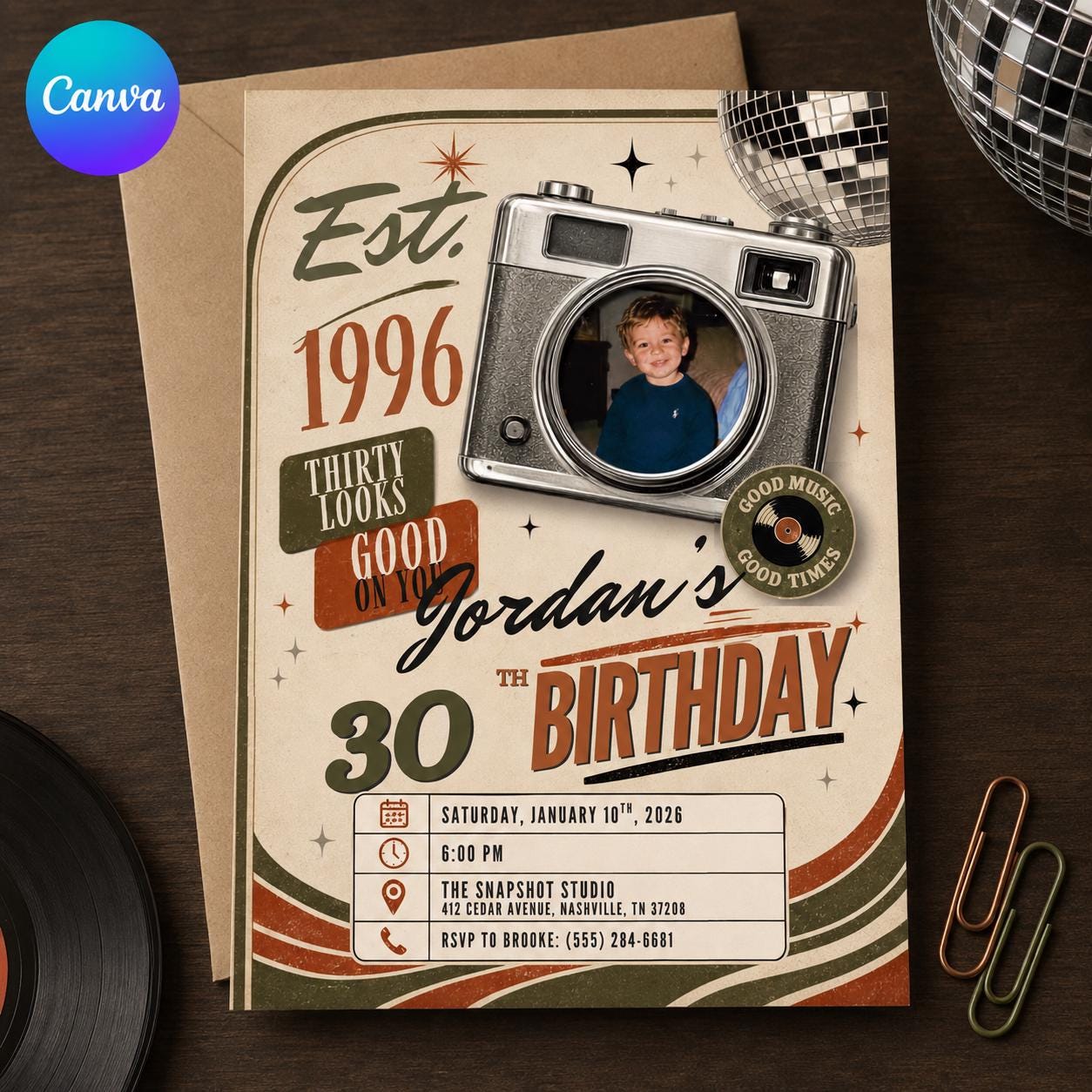 30th Birthday Photo Invitation, Vintage 1996 Retro Camera Party Invite for Him, Editable Milestone Canva Template