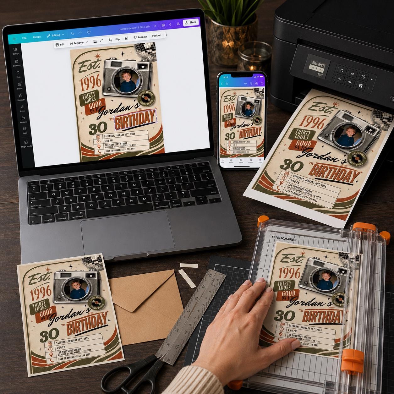 30th Birthday Photo Invitation, Vintage 1996 Retro Camera Party Invite for Him, Editable Milestone Canva Template - Image 4