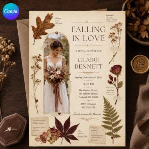 Fall Bridal Shower Invitation, Falling in Love Autumn Botanical Photo Invite, Rustic Floral Editable Canva Template