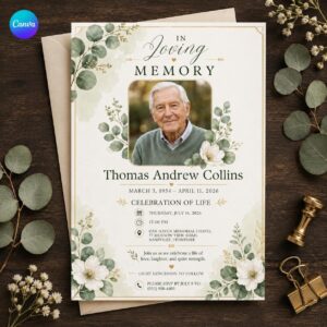 Celebration of Life Invitation, Eucalyptus Floral Memorial Service Invite with Photo, Minimalist Funeral Canva Template