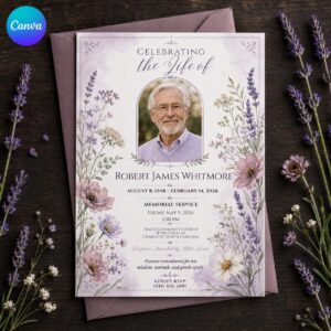 Funeral Invitation Template, Purple Floral Celebration of Life Memorial Invite with Photo, Elegant Editable Canva Template
