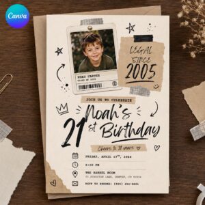 21st Birthday Photo Invitation, Vintage Retro Legal Since 2005 Milestone Party Editable Printable Canva Template
