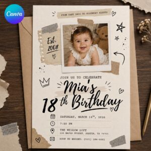 18th Birthday Photo Invitation, Vintage Scrapbook Childhood Picture Milestone Party Editable Printable Canva Template