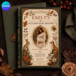 Fall Baby Shower Invitation, Autumn Woodland Photo Vintage Storybook Editable Printable Canva Template
