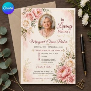 Celebration of Life Invitation, Pink Floral Memorial Photo Service Editable Printable Canva Template
