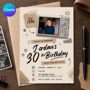 30th Birthday Photo Invitation, Vintage 1996 Digital Camera Party Invite, Retro Childhood Photo Editable Canva Template