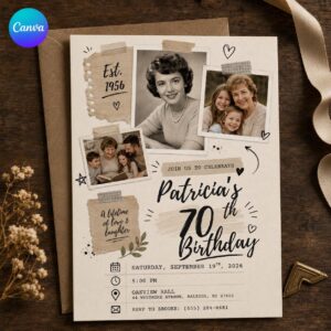 70th Birthday Photo Invitation, Vintage Scrapbook Family Collage Party Invite for Her, Milestone 1956 Editable Canva Template