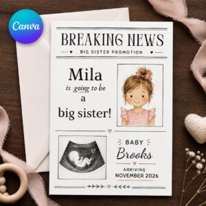 Big Sister Pregnancy Announcement, Breaking News Newspaper Baby Reveal, Editable Sibling Promotion Canva Template