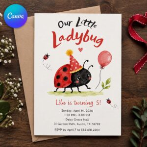 Ladybug Birthday Invitation, Little Ladybug 5th Birthday Party Invite for Girls, Watercolor Editable Printable Canva Template
