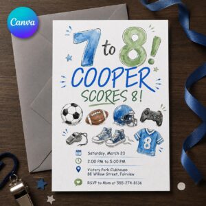 All Star Sports Birthday Invitation, 8th Birthday Boy Multi Sport Party Invite, Editable Printable Canva Template