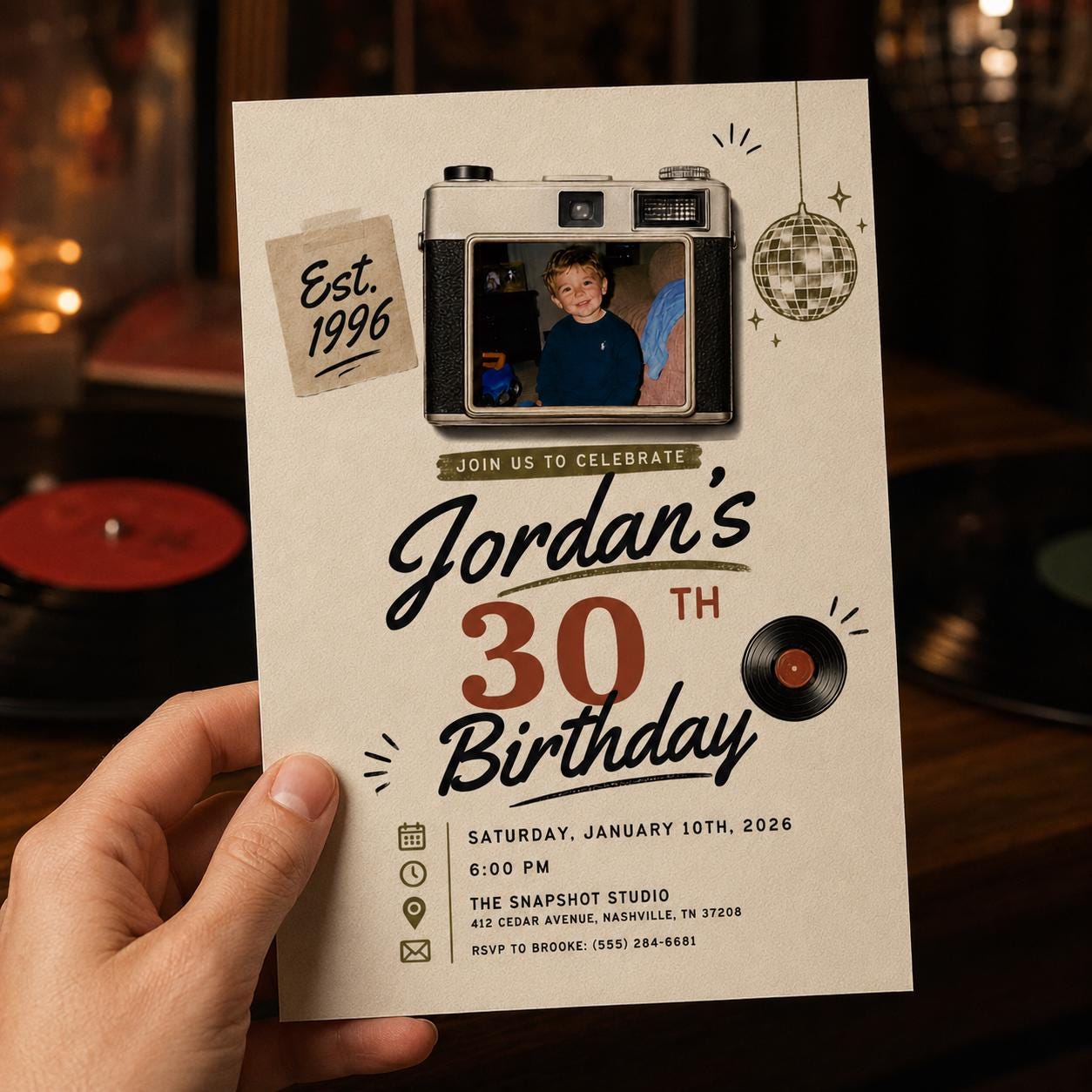 30th Birthday Photo Invitation, Retro 1996 Camera Birthday Invite for Him, Vintage Milestone Party Editable Canva Template - Image 6