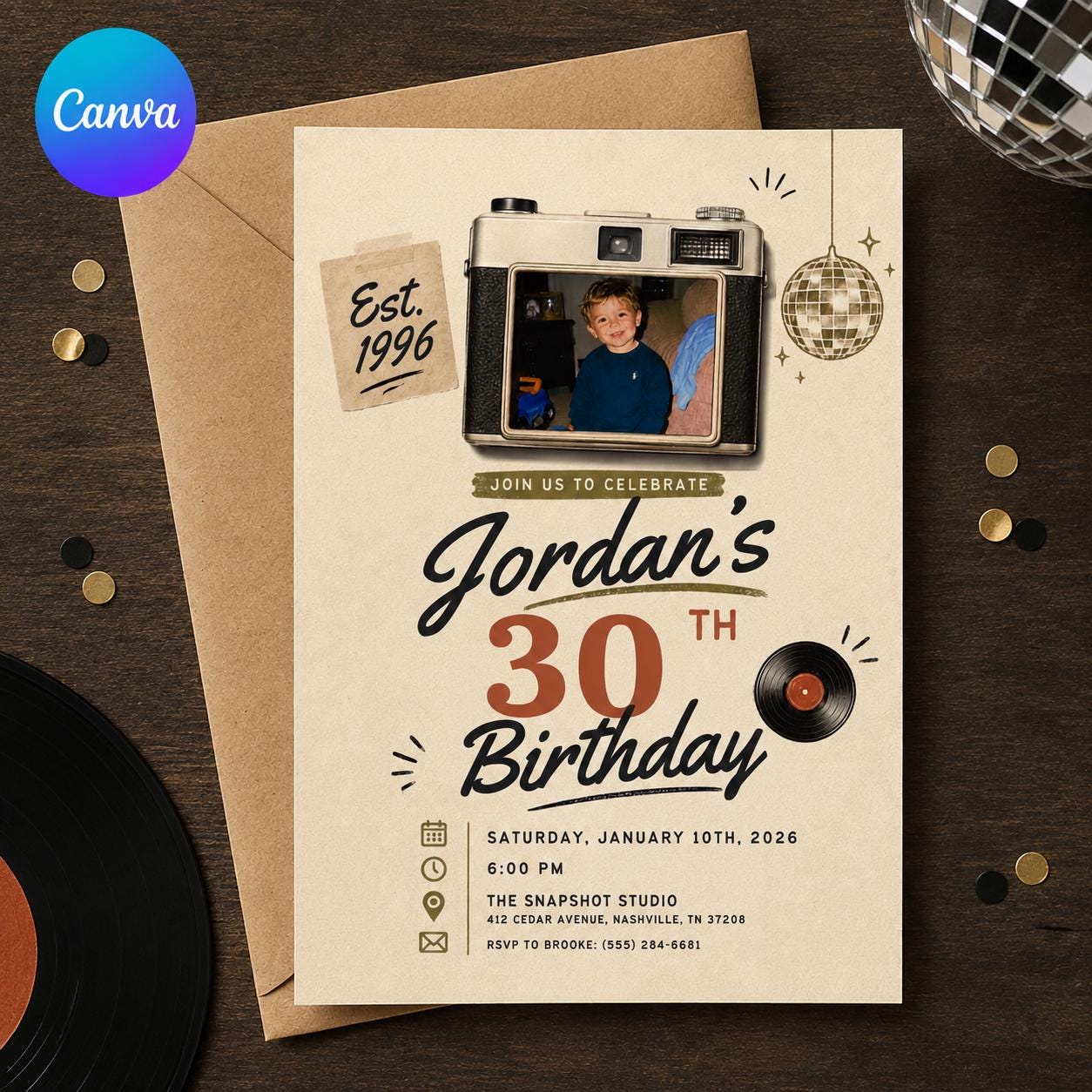 30th Birthday Photo Invitation, Retro 1996 Camera Birthday Invite for Him, Vintage Milestone Party Editable Canva Template