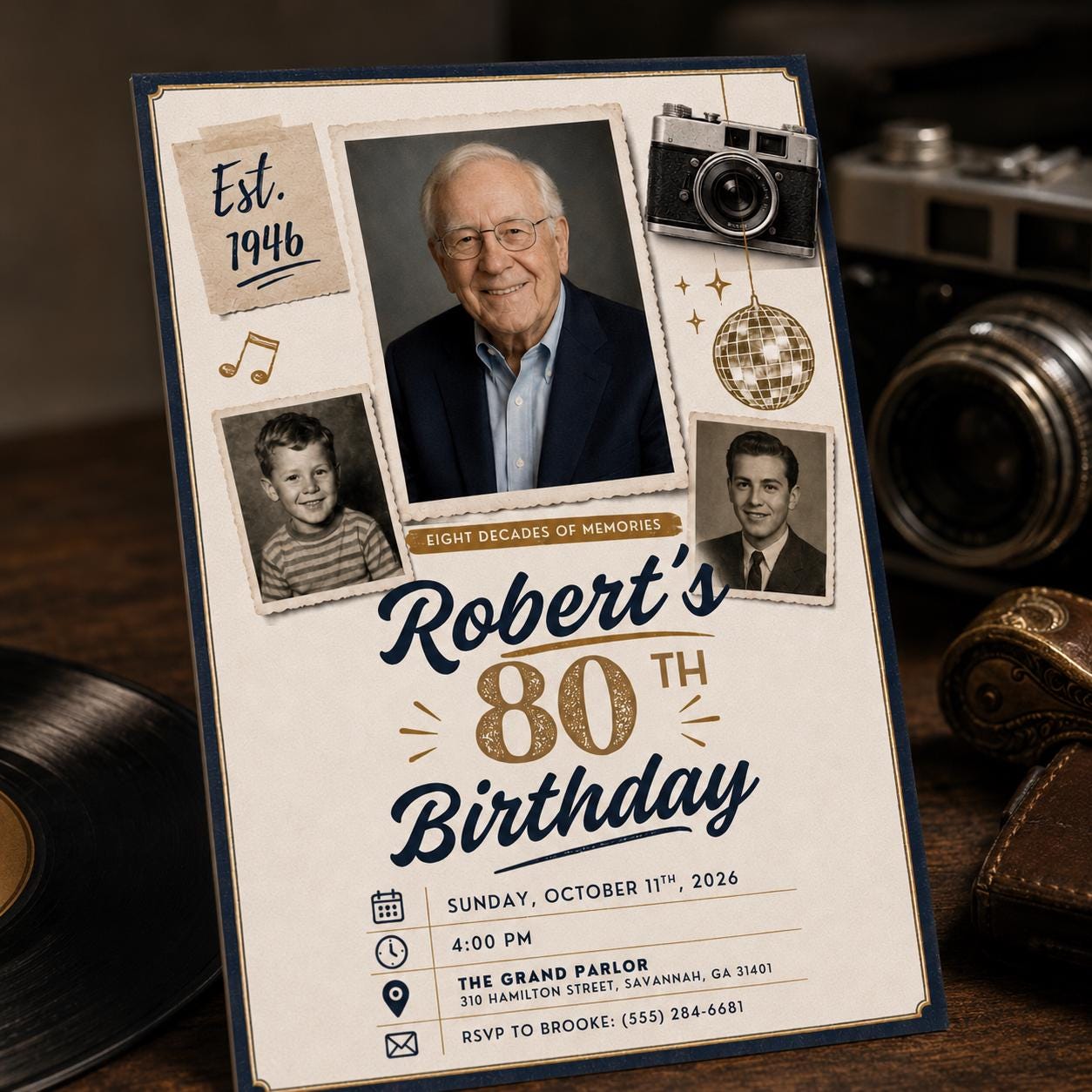 80th Birthday Invitation with Photos, Vintage Milestone Birthday Invite for Him, Retro Memory Collage Editable Canva Template - Image 3
