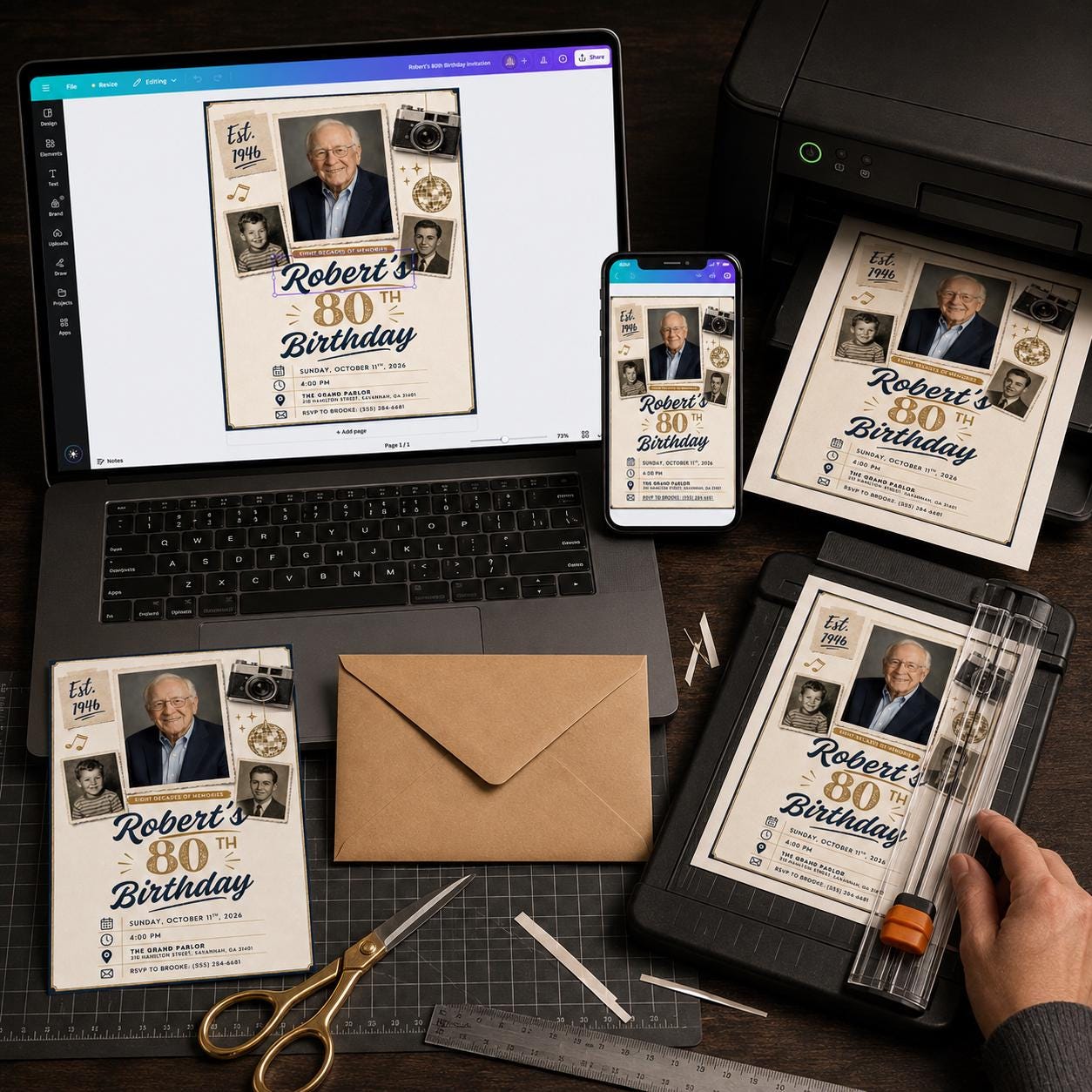 80th Birthday Invitation with Photos, Vintage Milestone Birthday Invite for Him, Retro Memory Collage Editable Canva Template - Image 4