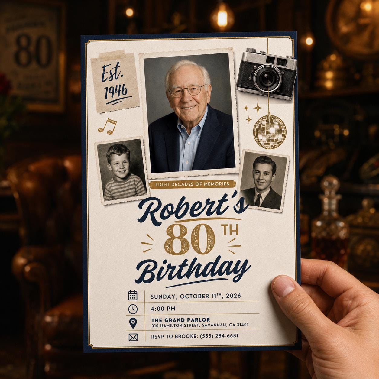 80th Birthday Invitation with Photos, Vintage Milestone Birthday Invite for Him, Retro Memory Collage Editable Canva Template - Image 5