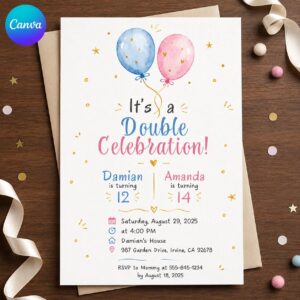Double Birthday Invitation, Joint Party for Two Kids, Sibling Celebration Editable Printable Canva Template