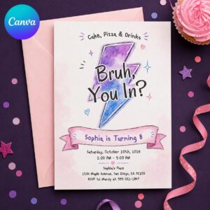 Bruh Birthday Invitation, 8th Birthday Girl Lightning Bolt Party Invite, Pink Purple Watercolor Editable Printable Canva Template