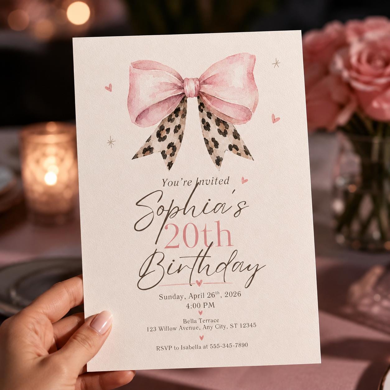 20th Birthday Invitation, Pink Coquette Bow Leopard Print Party Invite, Elegant Editable Printable Canva Template - Image 4