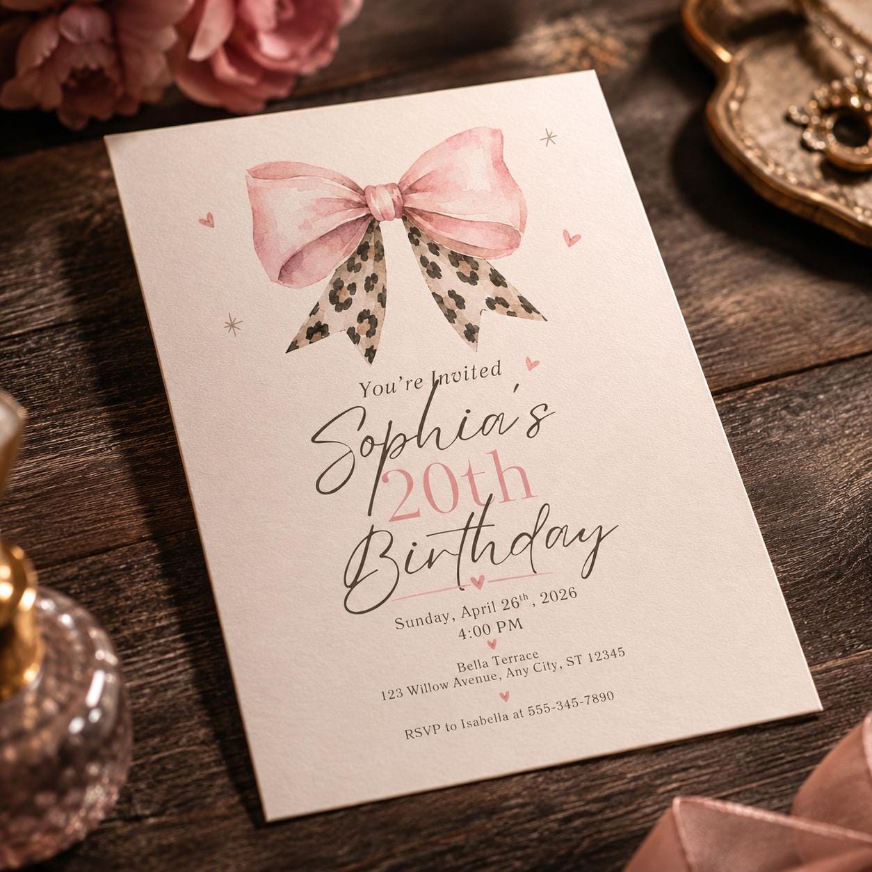 20th Birthday Invitation, Pink Coquette Bow Leopard Print Party Invite, Elegant Editable Printable Canva Template - Image 3