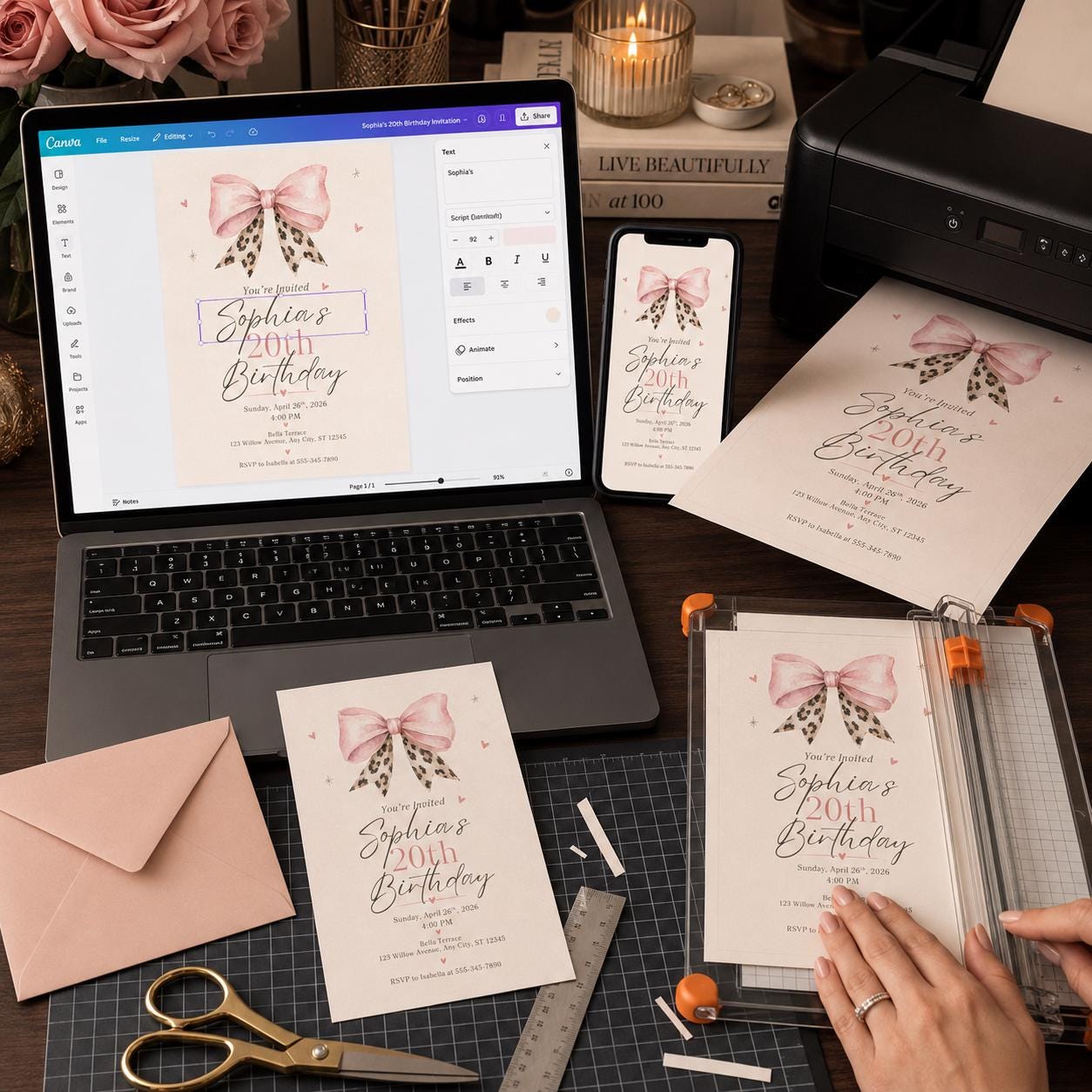20th Birthday Invitation, Pink Coquette Bow Leopard Print Party Invite, Elegant Editable Printable Canva Template - Image 5