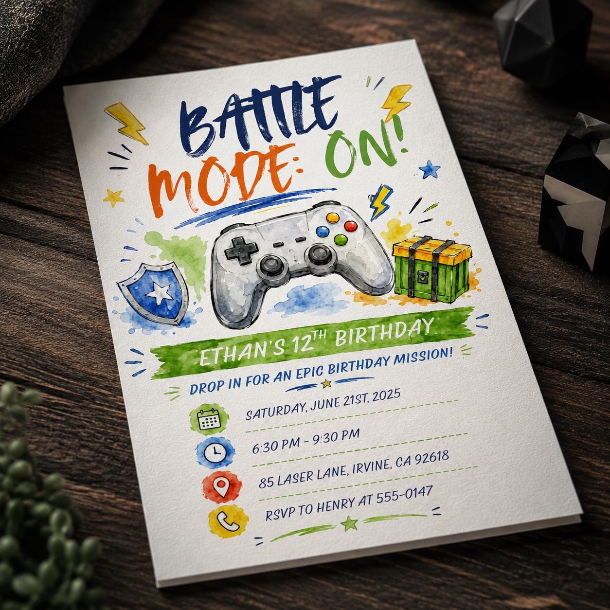 Gamer Birthday Invitation, 12th Birthday Boy Video Game Party Invite, Watercolor Controller Editable Printable Canva Template - Image 4