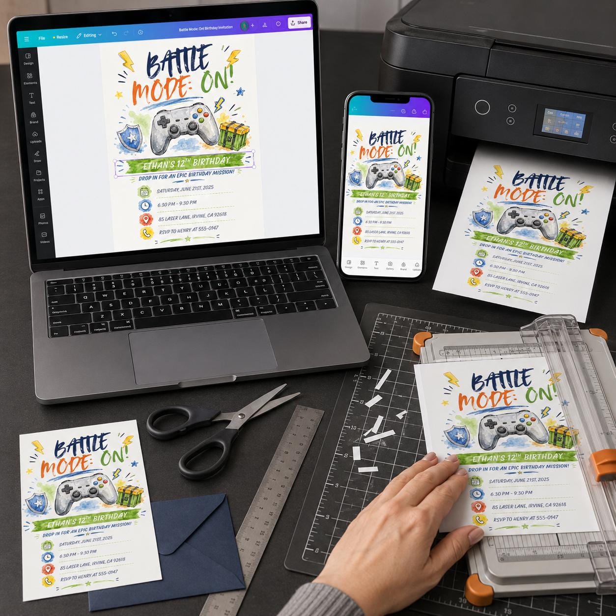 Gamer Birthday Invitation, 12th Birthday Boy Video Game Party Invite, Watercolor Controller Editable Printable Canva Template - Image 3