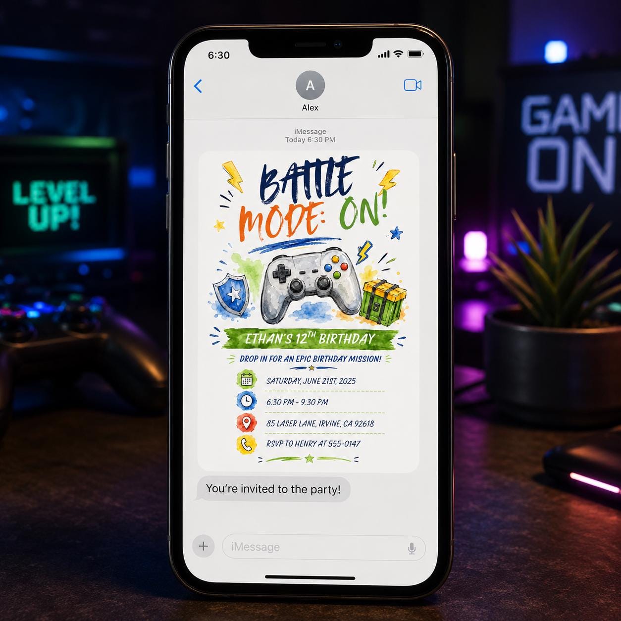 Gamer Birthday Invitation, 12th Birthday Boy Video Game Party Invite, Watercolor Controller Editable Printable Canva Template - Image 6