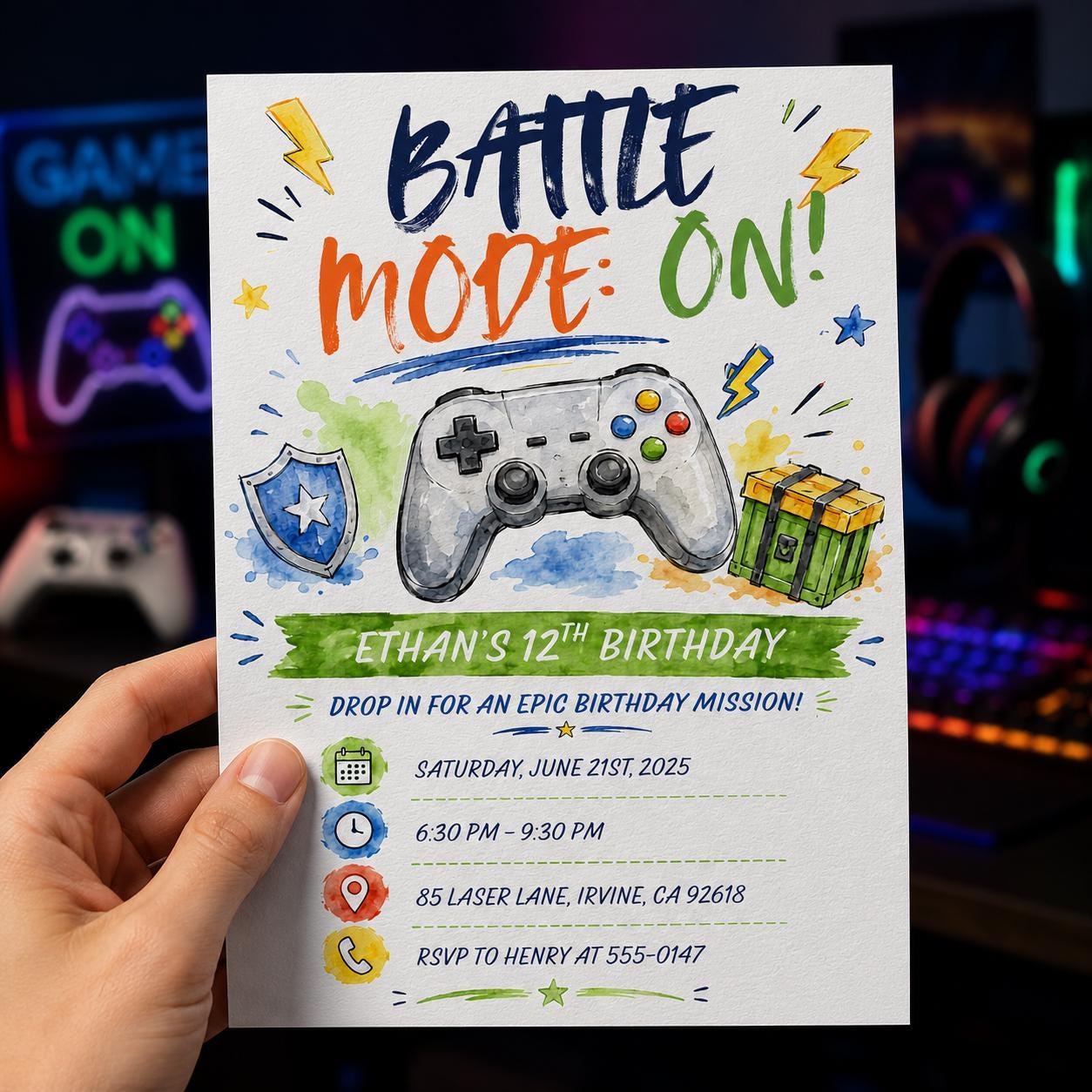 Gamer Birthday Invitation, 12th Birthday Boy Video Game Party Invite, Watercolor Controller Editable Printable Canva Template - Image 5