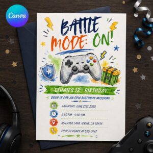 Gamer Birthday Invitation, 12th Birthday Boy Video Game Party Invite, Watercolor Controller Editable Printable Canva Template