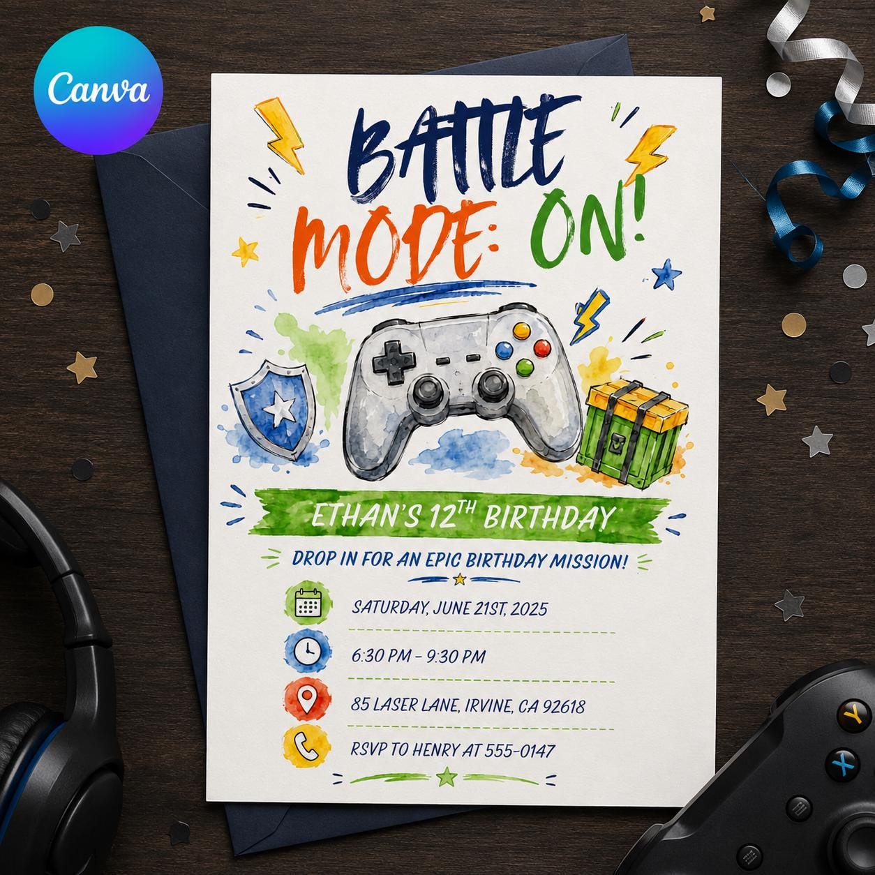 Gamer Birthday Invitation, 12th Birthday Boy Video Game Party Invite, Watercolor Controller Editable Printable Canva Template