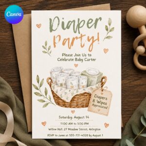 Diaper Party Invitation, Neutral Baby Shower Diapers and Wipes Invite, Greenery Editable Printable Canva Template