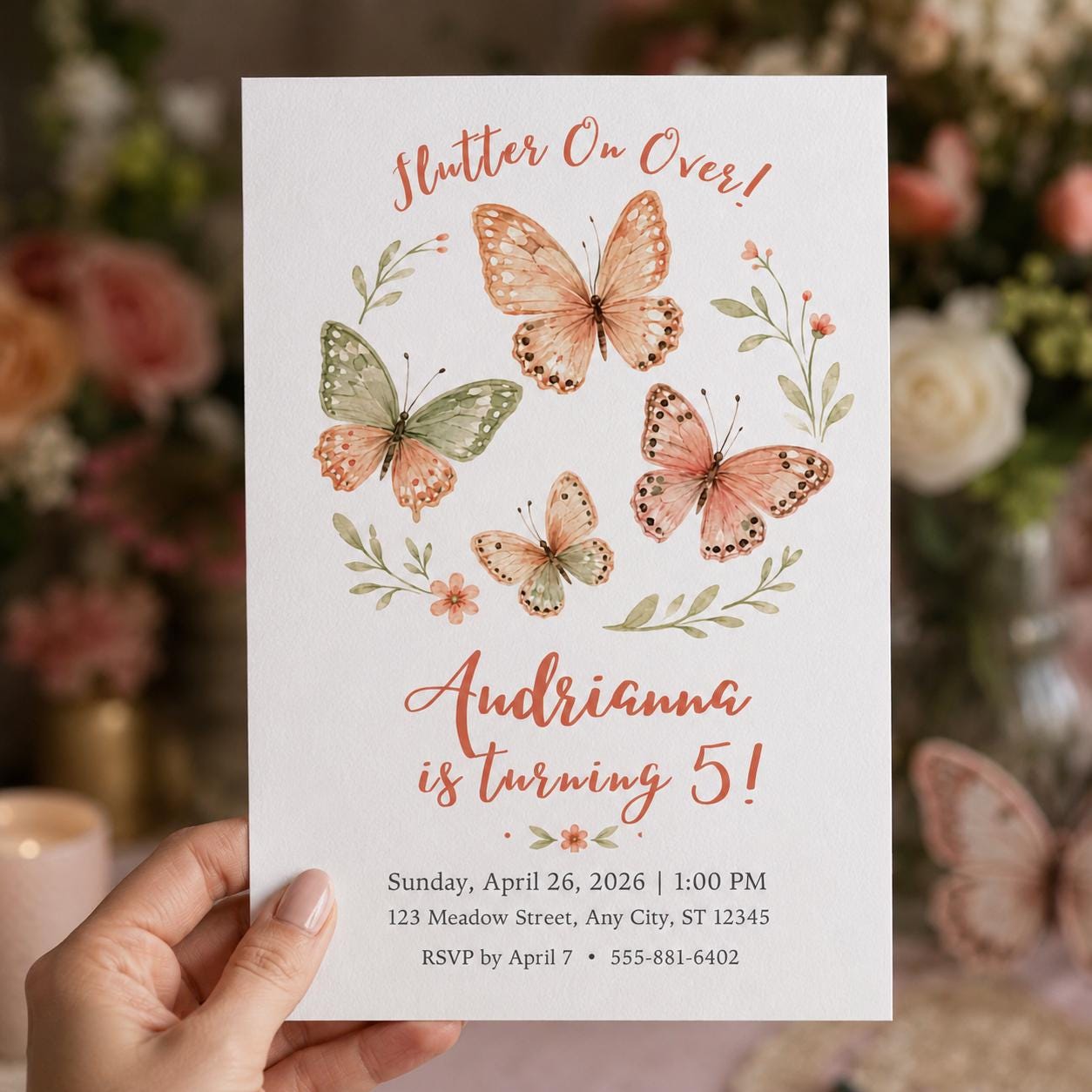 Butterfly Birthday Invitation, 5th Birthday Girl Floral Party Invite, Flutter On Over Watercolor Editable Printable Canva Template - Image 5