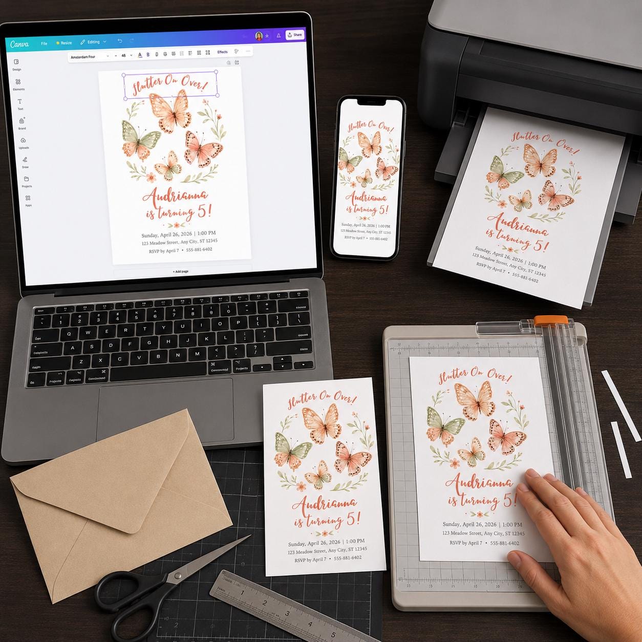 Butterfly Birthday Invitation, 5th Birthday Girl Floral Party Invite, Flutter On Over Watercolor Editable Printable Canva Template - Image 6