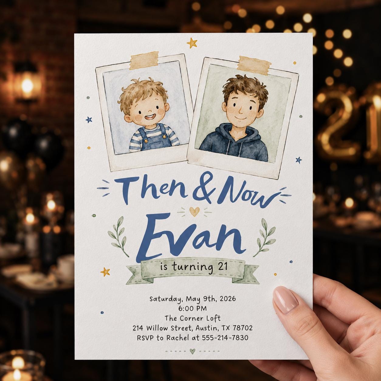 21st Birthday Photo Invitation, Then and Now Polaroid Party Invite, Milestone Editable Printable Canva Template - Image 4