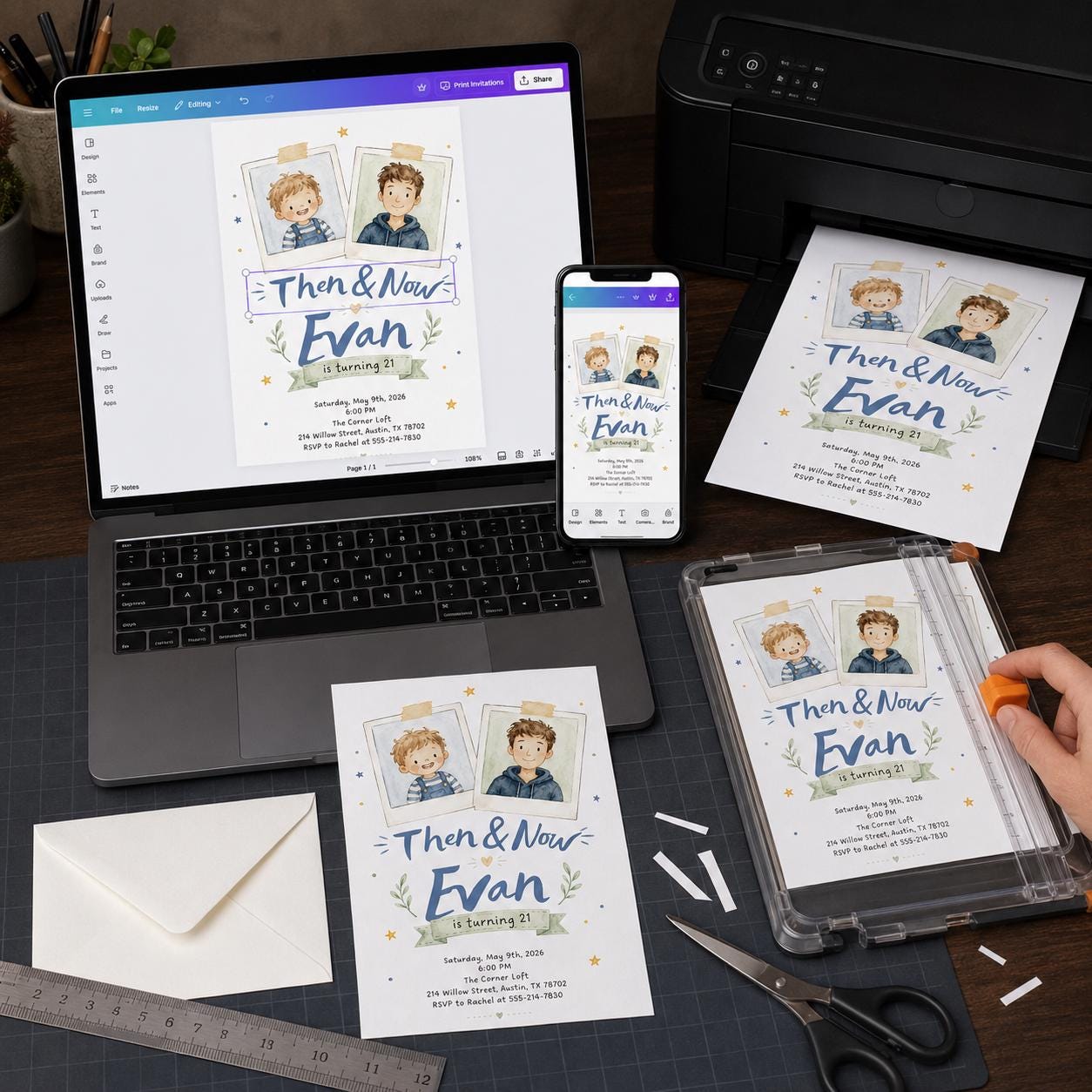 21st Birthday Photo Invitation, Then and Now Polaroid Party Invite, Milestone Editable Printable Canva Template - Image 5