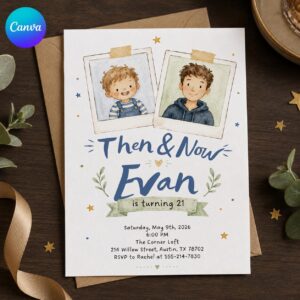 21st Birthday Photo Invitation, Then and Now Polaroid Party Invite, Milestone Editable Printable Canva Template