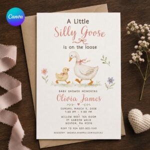 Silly Goose Baby Shower Invitation, A Little Goose Is on the Loose, Gender Neutral Watercolor Editable Printable Canva Template
