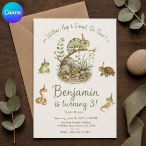 Reptile Birthday Invitation, Chameleon Snake Turtle 3rd Birthday Party Invite, Watercolor Editable Printable Canva Template