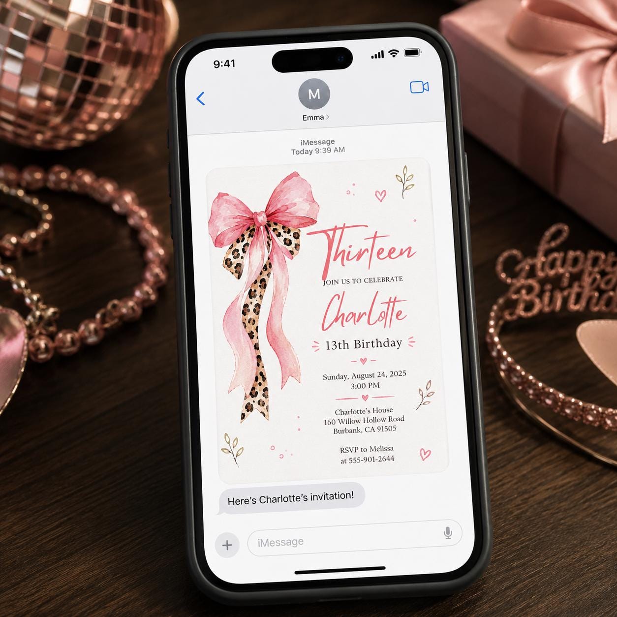 13th Birthday Invitation Girl, Pink Coquette Bow Leopard Party Invite, Teen Editable Printable Canva Template - Image 3