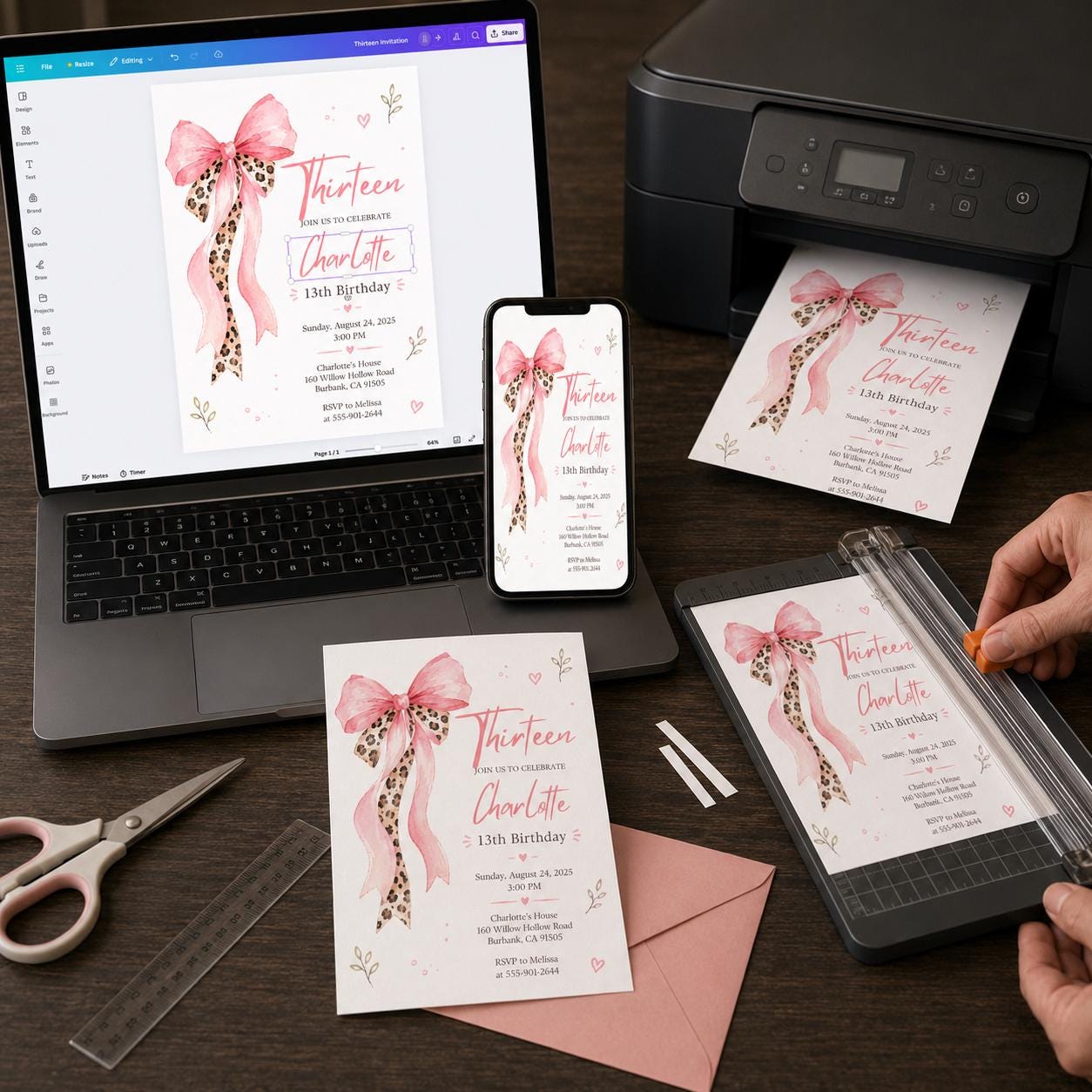 13th Birthday Invitation Girl, Pink Coquette Bow Leopard Party Invite, Teen Editable Printable Canva Template - Image 5