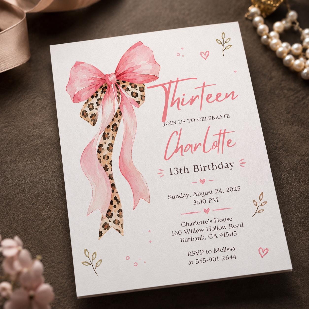 13th Birthday Invitation Girl, Pink Coquette Bow Leopard Party Invite, Teen Editable Printable Canva Template - Image 6