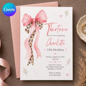 13th Birthday Invitation Girl, Pink Coquette Bow Leopard Party Invite, Teen Editable Printable Canva Template