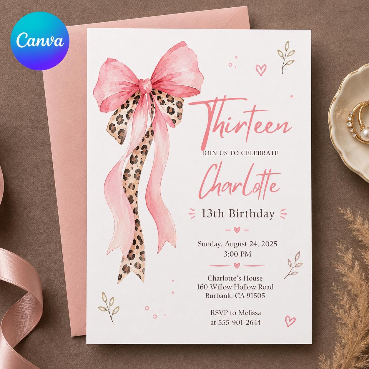 13th Birthday Invitation Girl, Pink Coquette Bow Leopard Party Invite, Teen Editable Printable Canva Template
