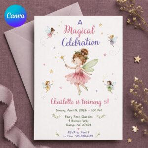 Fairy Birthday Invitation Girl, Magical Garden 5th Birthday Party Invite, Watercolor Editable Printable Canva Template